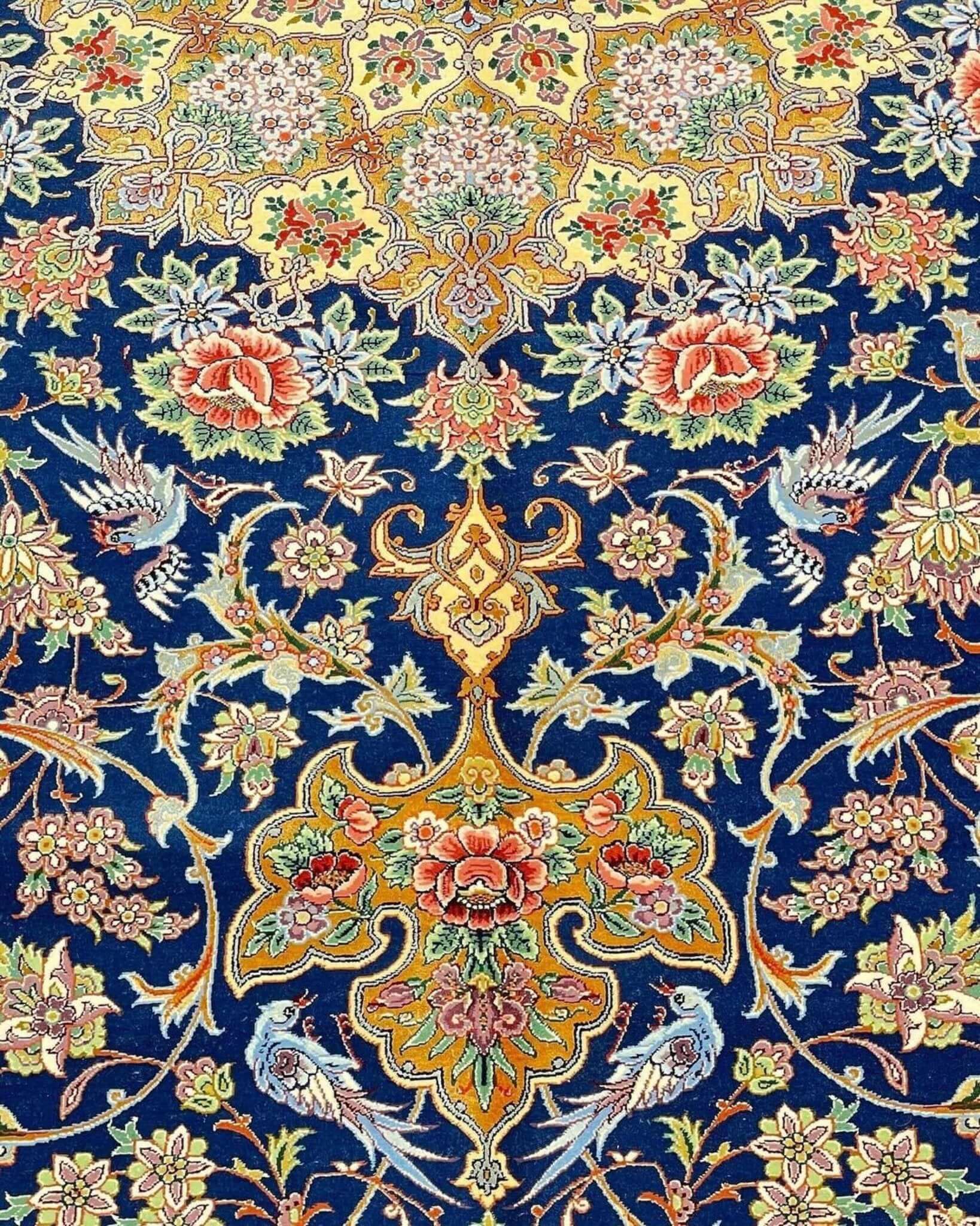 "Decorative blue Persian rug, handwoven with silk and wool, available now in a unique design."